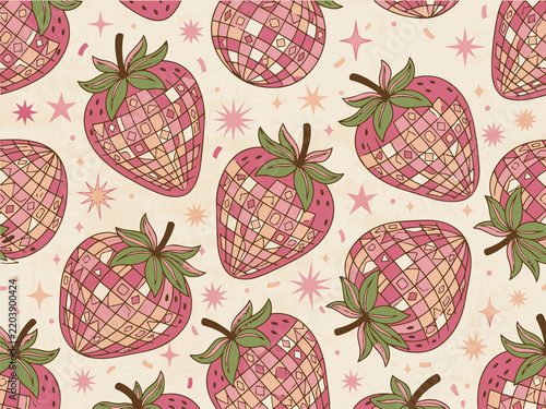 Retro disco ball strawberry seamless pattern with stars background