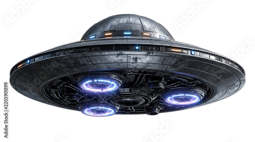 Metallic ufo spaceship saucer with glowing engine lights isolated on transparent background png for science fiction design.