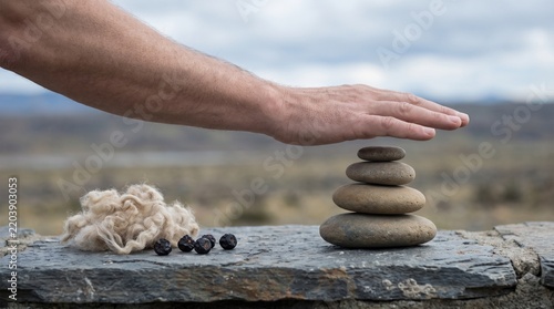 A final pause beside balanced Patagonian stones