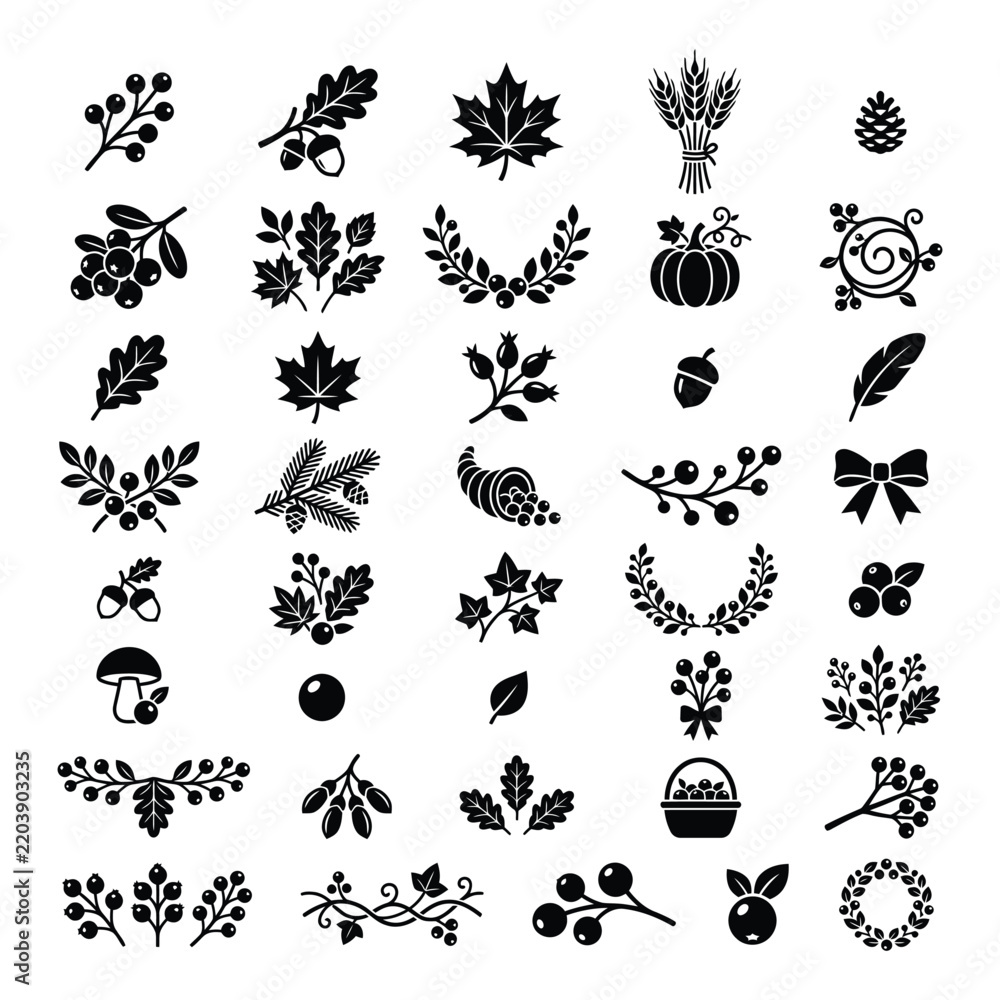 Obraz premium Vintage botanical illustrations of autumn leaves mushrooms berries and other seasonal elements on a white background