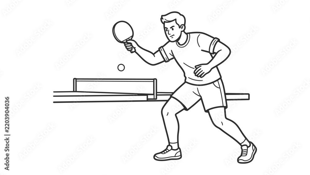 Obraz premium Table Tennis Player in Action: A dynamic line art illustration captures a male athlete in mid-swing, playing table tennis with focus and agility.