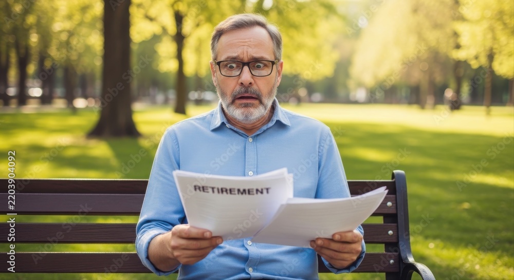 Fototapeta premium Shocked middle-aged man reading retirement documents with wide eyes and open mouth, sitting outdoors on a wooden park bench surrounded by green grass and trees, expressing financial anxiety.