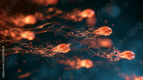 Luminous orange-gold sperm cells moving fluidly through a translucent environment with soft bokeh highlights. Represents conception, fertility, human life, biology, and reproductive health research.