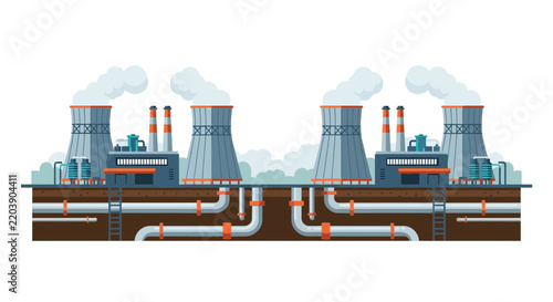 Industrial Power Plant Flat Vector Illustration with Cooling Towers and Underground Pipelines