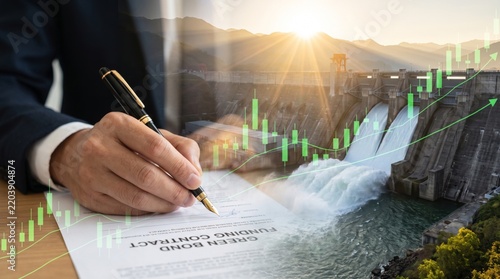 Businessman Writing on Document Overlaid on Hydroelectric Dam with Flowing Water and Growth Charts