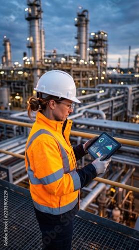 Female engineer in hard hat using a tablet with data analytics in front of a large industrial refinery plant