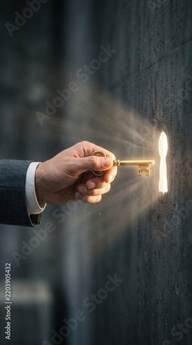Businessman hand inserting a vintage golden key into a glowing keyhole on a dark concrete wall