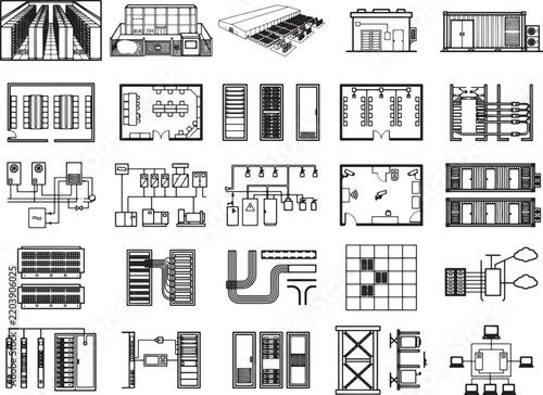 A collection of technical drawings and schematics, showcasing various industrial and architectural designs, including floor plans, electrical diagrams, and structural elements.