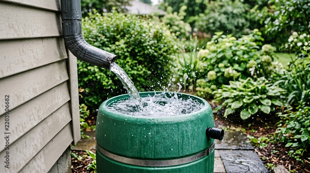 Obraz premium Rainwater cascades from a metal gutter downspout into a large green plastic barrel, droplets splashing mid-air beside wet house siding
