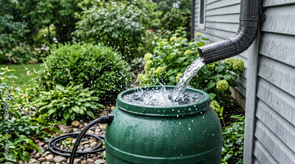 Obraz premium Rainwater cascades from a metal gutter downspout into a large green plastic barrel, droplets splashing mid-air beside wet house siding