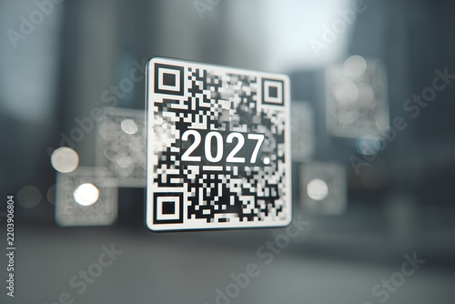 Futuristic QR code design with 2027 in a blurred city scene