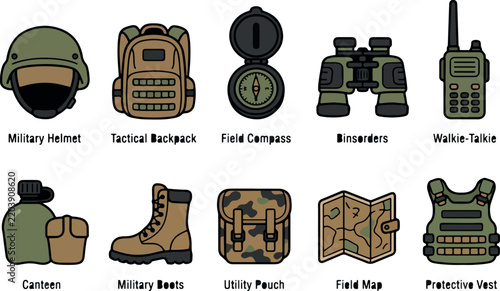 Military Tactical Gear And Equipment Vector Icon Set