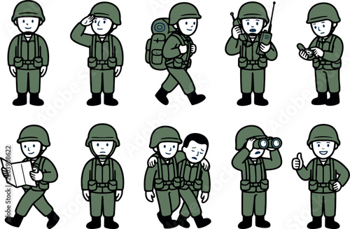 Military Soldier Actions And Field Duties Vector Set