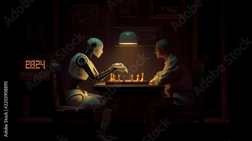 Humanoid robot plays chess with an elderly man under lamplight