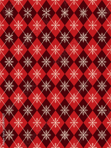 Seamless Red Plaid Christmas Pattern with White Snowflake Stars Background