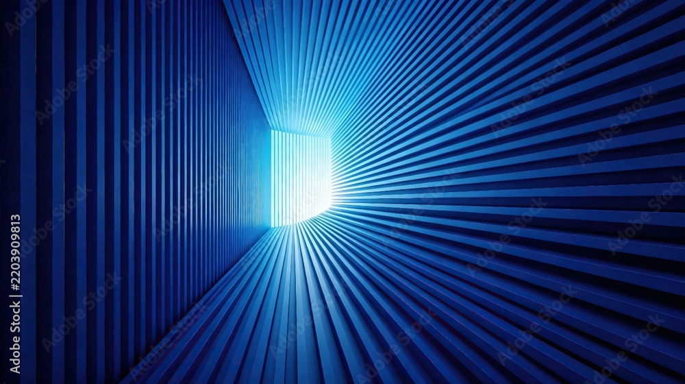Fototapeta premium Modern 3d abstract blue tunnel with vertical parallel stripes converging to bright glowing light at the end perspective depth futuristic technology design concept