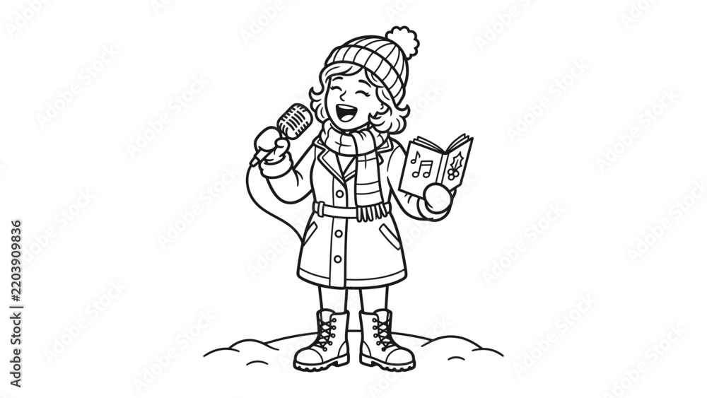 Fototapeta premium Christmas Caroling Girl: A cheerful young girl dressed in winter clothing, holding a microphone and a music sheet, sings carols joyfully in the snow.
