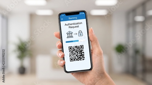 Hand holding smartphone displaying a mobile banking security authentication screen with a QR code in a bright modern professional office interior