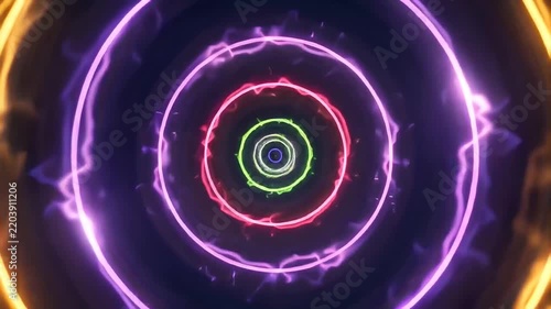 Abstract neon rings expanding rapidly in a colorful digital motion background