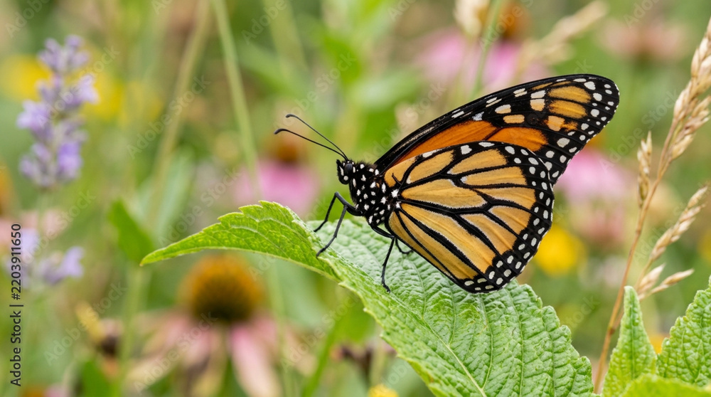 Obraz premium Monarch butterfly rests on green leaf with colorful wildflowers background