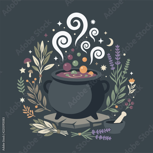 Illustration of a magical witch cauldron brewing a potion with herbs and lavender.