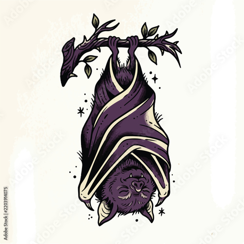 Stylized illustration of a cute purple bat hanging upside down from a tree branch.