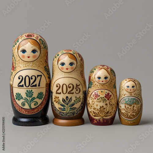 Wooden nesting dolls painted with years counting down to 2027