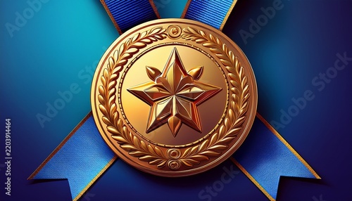 prestigious gold medal on blue ribbon