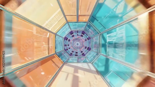 Futuristic abstract tunnel with glass panels and glowing soft light reflections