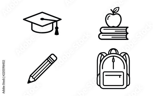 Set of black and white school education icons featuring graduation cap books apple pencil and backpack