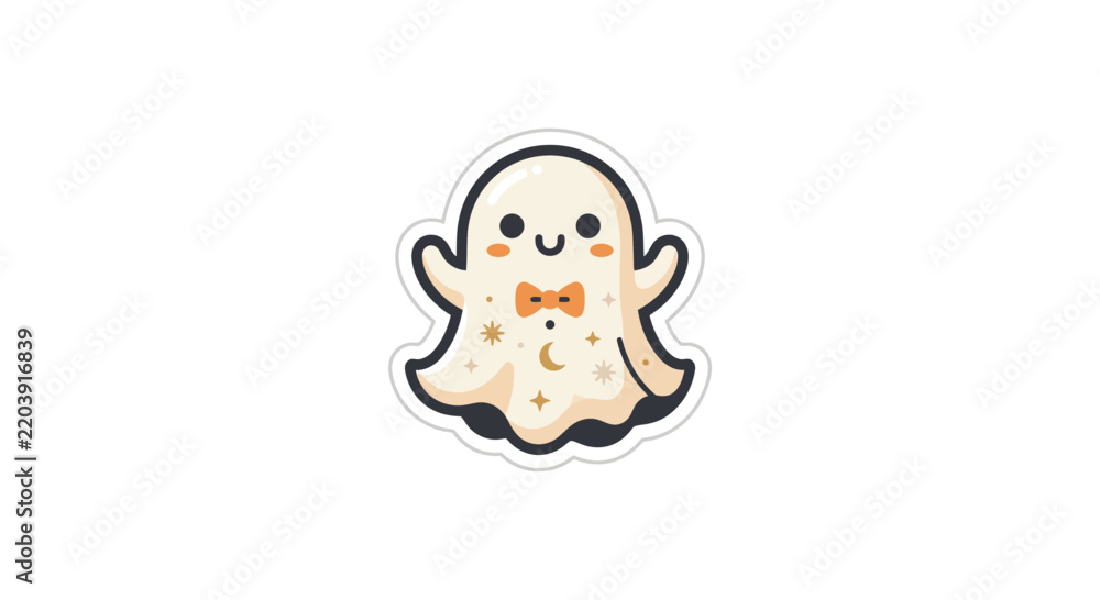 Fototapeta premium Decorative ghost sticker with bowtie and moon patterns.