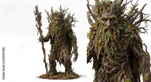 A mystical forest guardian creature made of tree branches and moss holding a tall wooden staff tool.