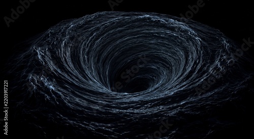 A powerful swirling vortex of dark water creating a deep whirlpool against a black background.
