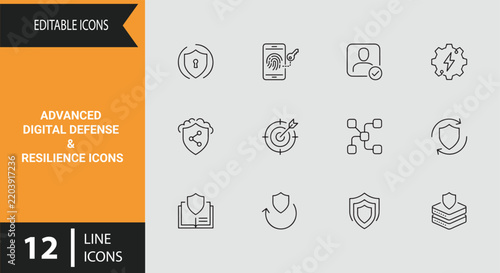 Advanced Digital Defense And Resilience Icons Outline Set For Cybersecurity Protection