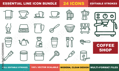 Coffee Shop Equipment Editable Stroke Vector Icon Set
