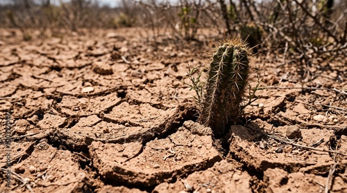 Drought-stricken cactus surviving in cracked arid soil