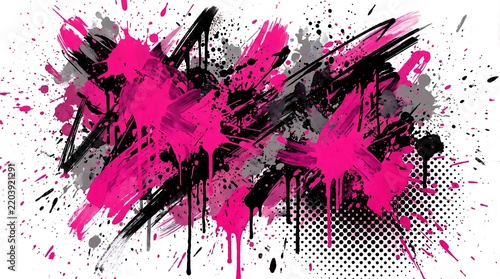 Abstract pink and black paint splatter with halftone dots on a white background