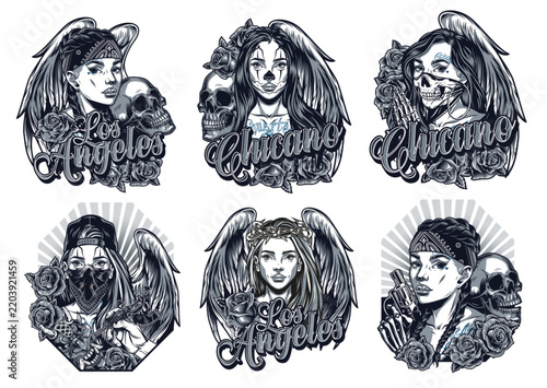 Six stylized angelic faces with skulls and wings