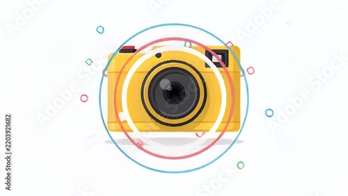 Minimalist flat design animated yellow camera on colorful geometric background