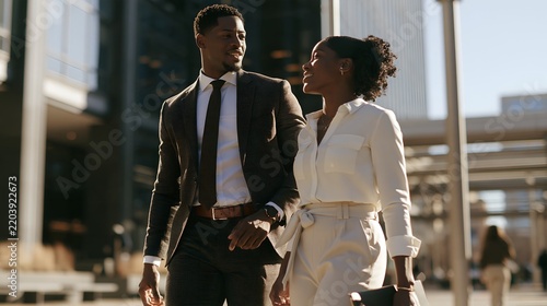 Couple walks confidently through city during bright daylight
