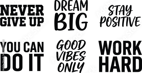 Inspirational quote typography collection with bold lettering for fitness motivation and positive mindset
