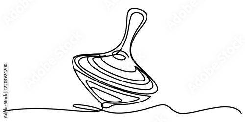 Spinning top toy drawn in single continuous line black stroke isolated on white background for childhood fun illustration.