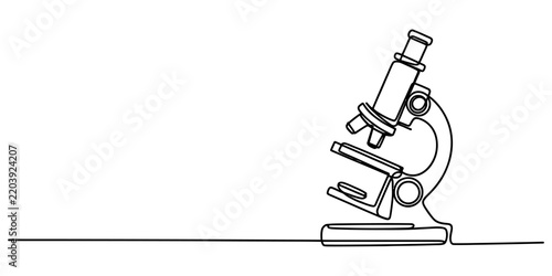 Professional laboratory microscope illustrated in single continuous line style for science research and biology study.