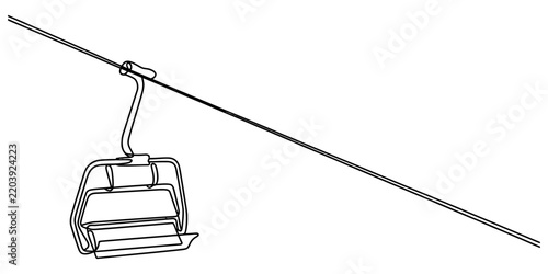 Chairlift on cable ski lift system drawn in continuous line style for mountain transport and winter sport activities.