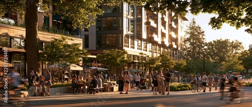 Outdoor urban plaza at golden hour with people walking and gathering