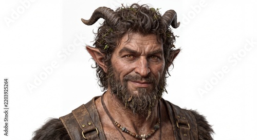 A close-up portrait of a smiling satyr with curved horns and a thick beard against white background.