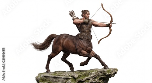A muscular centaur archer aiming a bow while standing on a weathered stone pedestal in profile.