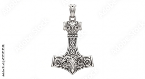 Detailed Silver Thor Hammer Pendant Featuring Intricate Celtic Knotwork and Ram Head Ornamentation.