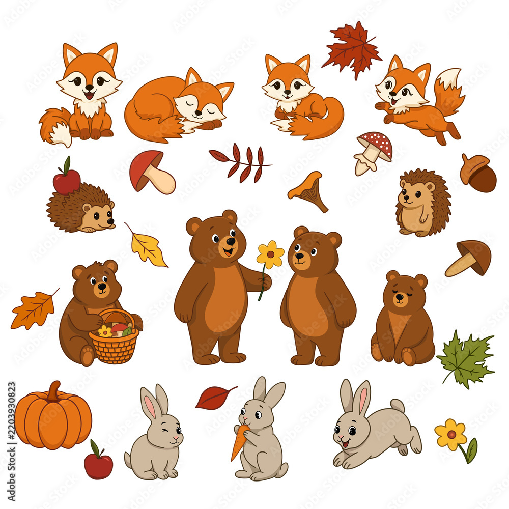 Obraz premium Cute Autumn Animals Set: Foxes, Bears, Rabbits and Hedgehogs with Fall Elements
