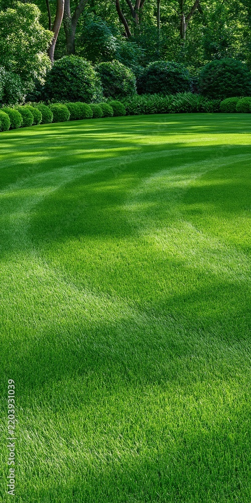 Obraz premium Well-manicured lush green lawn with curved mowing stripes in a private garden with trimmed hedges and trees showing beautiful landscaped residential backyard